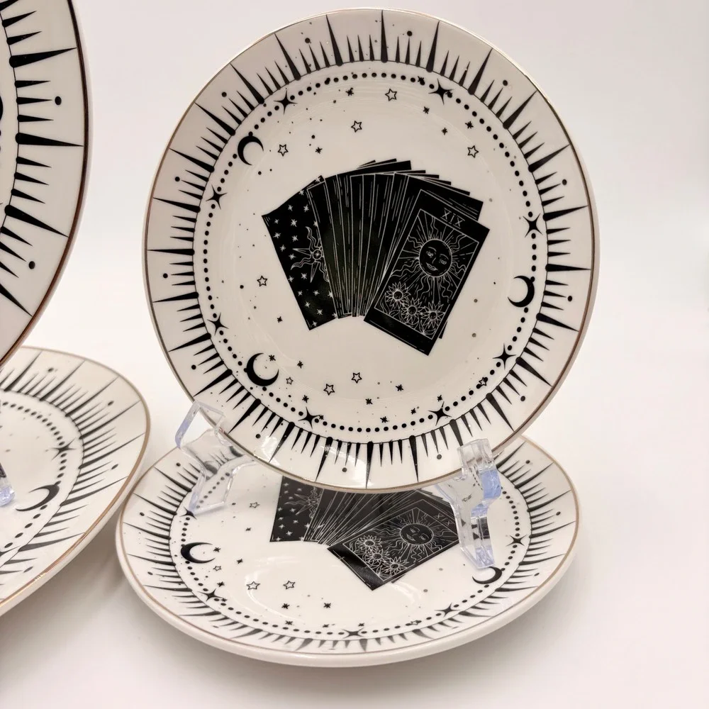 10 Strawberry Street Tarot Card Celestial Plate Set 4pc Black White Gold Gothic